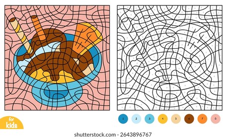 Color by number page for kids with a cartoon ice cream sundae. Vector coloring activity featuring three scoops, chocolate syrup, and wafer sticks. Fun and educational printable worksheet.