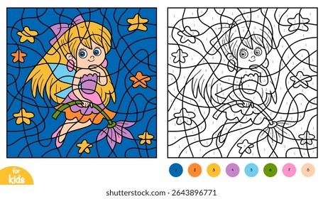 Color by number page for kids with cute flying fairy holding flower. Vector illustration for coloring book, featuring magical character with wings. Fun and creative worksheet activity.