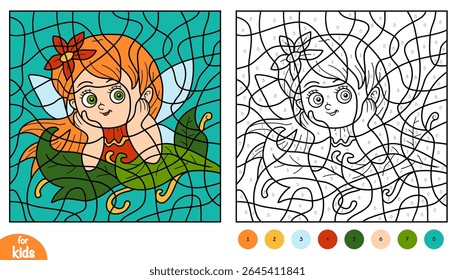 Color by number page for kids with cute fairy girl portrait. Vector illustration for children coloring book. A magical and creative activity for preschool and school kids.