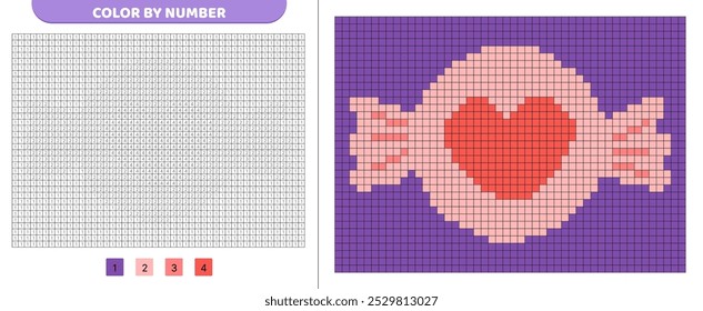 Color by number. Pink candy with heart. Pixel coloring book. Numbered squares. Game for kids. Pixel art. Isolated vector illustration eps 10