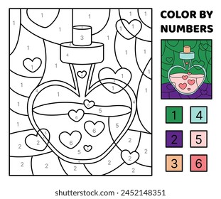 Color by number. Pink love drink in bottle of heart. Coloring page. Game for kids. Cartoon, vector. Isolated vector illustration eps 10