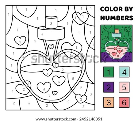 Color by number. Pink love drink in bottle of heart. Coloring page. Game for kids. Cartoon, vector. Isolated vector illustration eps 10