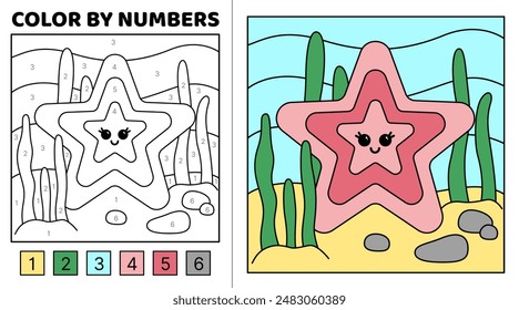 Color by number. Pink starfish. Kawaii starfish. Coloring page. Game for kids. Cartoon, vector. Isolated vector illustration eps 10