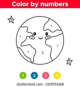 Color By Number For Preschool And School Kids. Coloring Page Or Book With Earth. Space Day. Vector Illustration.