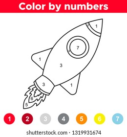 Color by number for preschool and school kids. Coloring page with cartoon rocket. Space theme. Vector illustration.