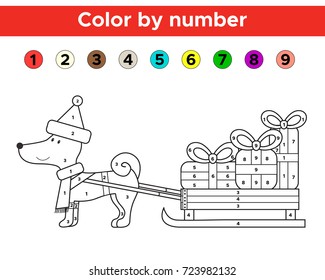 Color By Number For Preschool And School Kids. Christmas Coloring Page With Funny Cartoon Dog. Vector Illustration.