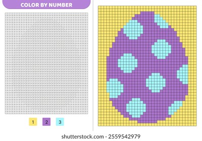 Color by number. Purple easter egg. Pixel coloring book. Numbered squares. Game for kids. Pixel art. Isolated vector illustration eps 10