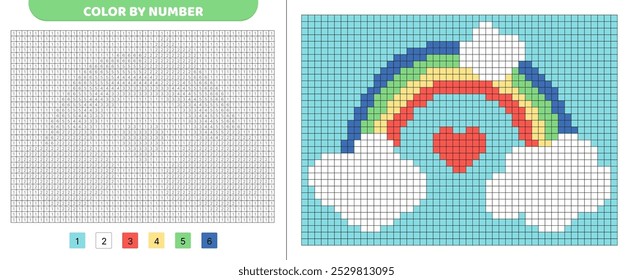 Colorir por número. Arco-íris no céu. Livro de cores de pixels. Quadrados numerados. Jogo para crianças. Pixel art. Ilustração vetorial isolada eps 10
