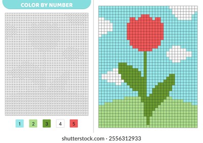 Color by number. Red tulip on spring landscape. Pixel coloring book. Numbered squares. Game for kids. Pixel art. Isolated vector illustration eps 10
