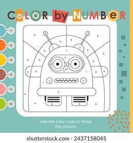 Color by number – Robot. Robotic Activities for kids.  Logic games for children. Coloring page. Games for children. Vector illustration. Square format.