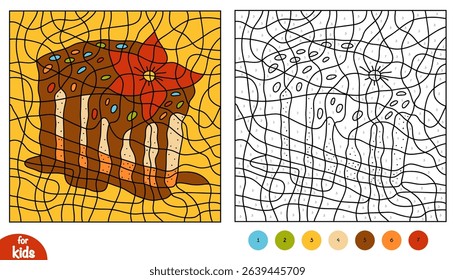 Color by number slice of cake with flower on top. Cute dessert coloring activity for kids. Black and white outline with numbers for educational and fun printable worksheet.