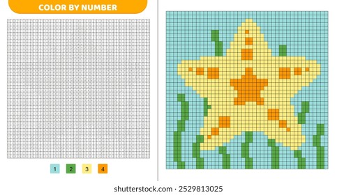 Color by number. Starfish in seaweed. Pixel coloring book. Numbered squares. Game for kids. Pixel art. Isolated vector illustration eps 10