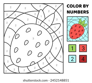 Color by number. Strawberry. Big red strawberry. Coloring page. Game for kids. Cartoon, vector. Isolated vector illustration eps 10