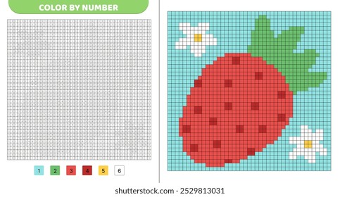 Color by number. Strawberry with flowers. Pixel coloring book. Numbered squares. Game for kids. Pixel art. Isolated vector illustration eps 10
