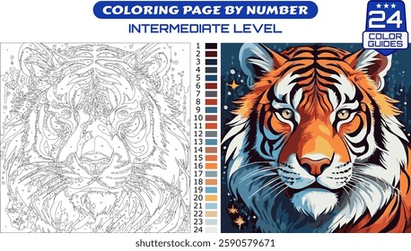 Color by Number Tiger - Intermediate Level Coloring Page, Paint by Number Printable - Majestic Tiger Illustration, DIY Painting by Number for kids