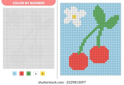 Colorir por número. Duas cerejas. Livro de cores de pixels. Quadrados numerados. Jogo para crianças. Pixel art. Ilustração vetorial isolada eps 10