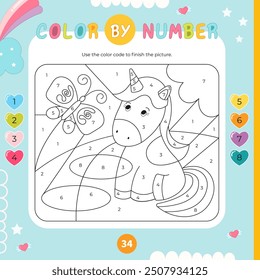 Color by number – Unicorn, butterfly. Pony Activities for kids.  Coloring page. Vector illustration. Square format. Logic Game for boost of fine motor skills, thinking, attention, learning of numbers.