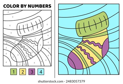 Farbe nach Zahl. Warme Wollsocke. Seite färben. Spiel für Kinder. Cartoon, Vektorgrafik. Isolierte Vektorillustration eps 10
