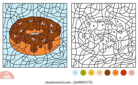 Color by number worksheet with cartoon donut with chocolate glaze and heart-shaped sprinkles. Vector activity sheet for preschool and kindergarten. Fun printable coloring game for kids
