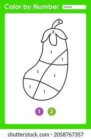 Color by number worksheet for kids learning numbers by coloring fruits and vegetables eggplant