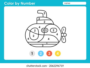 Color by number worksheet for kids learning numbers by coloring vehicles transportation submarine