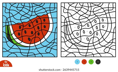 Color by number worksheet with a slice of watermelon. Summer themed educational game for kids. Printable activity page with hidden picture puzzle, simple color code, and bold outlines