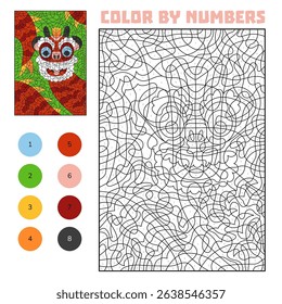 Color by number worksheet with a traditional Chinese dragon. Fun Lunar New Year activity for kids. Printable educational game with numbers. Asian cultural celebration theme