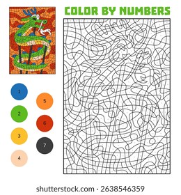 Color by number worksheet with a traditional dragon puppet on sticks. Fun Lunar New Year activity for kids. Printable educational game with numbers. Asian cultural celebration theme