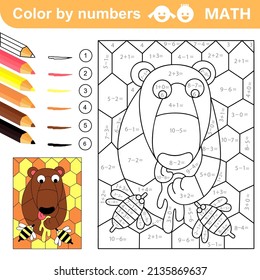 Color By Numbers - Addition And Subtraction Worksheet For Education. Bear Lick Honey. Coloring Book. Solve Examples And Paint Bear With Bees And Honey. Math Exercises And Developing Counting Learn
