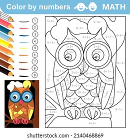 Color by numbers - addition and subtraction worksheet for education. Coloring book. Solve examples and paint owl on a tree branch. Math exercises worksheet. Developing counting learn. Print for kids