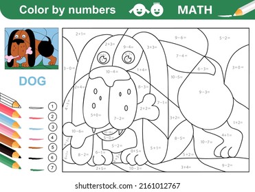 Color by numbers - addition and subtraction worksheet for education. Coloring book. Solve examples and paint Dog with bone. Math exercises worksheet. Developing counting learn. Print page for kids