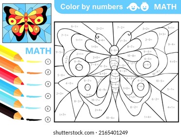 Color by numbers - addition and subtraction worksheet for education. Coloring book. Solve examples and paint butterfly in sky. Math exercises worksheet. Developing counting learn. Print for kids