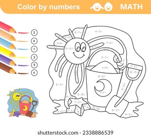 Color por números - hoja de cálculo de adición y resta. Cubo y cuchara. Libro de colorear. Resuelva ejemplos y pegue juguetes a los niños en una caja de arena.  Verano. Matemáticas. Contando aprender. Ilustración del vector