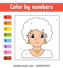 Color by numbers. Beautiful girl. Activity worksheet. Game for children. Cartoon character. Vector illustration.