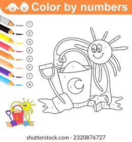 Color by Numbers. Bucket and scoop. Kids toys in sandbox. Beach. Funny Sun. Summer holiday. Coloring puzzle with numbers for kids. Coloring page. Worksheet. Sketch vector illustration