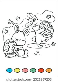 Color by Numbers. Bunny holding egg. Coloring puzzle with numbers for kids. Easter coloring page. Spring. Worksheet at school, home. Sketch. Vector. Printable page for kids. easter egg rabbit vector