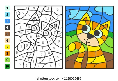 Color by numbers cat Animal. Puzzle game for children education, colors for drawing and learning mathematics