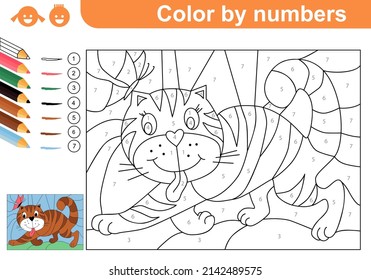 Color by Numbers. Cat with butterfly. Coloring page. Coloring puzzle with numbers for kids. Worksheet at school, home. Sketch. Vector. Printable page