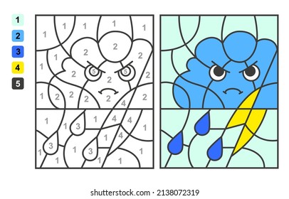 Color por números nube y trucos. Juego de rompecabezas para la educación infantil, colores para dibujar y aprender matemáticas