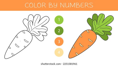 Color by numbers coloring book for kids with a carrot. Coloring page with cute cartoon carrot with an example for coloring. Monochrome and color versions. Vector illustration.