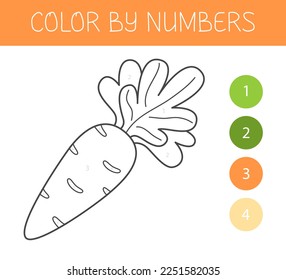 Color by numbers coloring book for kids with a carrot. Coloring page with cute cartoon carrot. Monochrome black and white. Vector illustration.