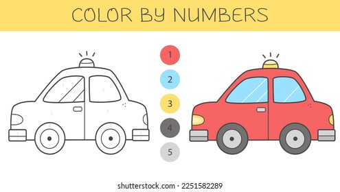 Color by numbers coloring book for kids with a car. Coloring page with cute cartoon car with an example for coloring. Monochrome and color versions. Vector illustration.