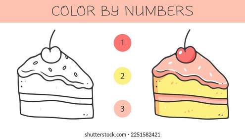 Color by numbers coloring book for kids with a piece of cake. Coloring page with cute cartoon cake with an example for coloring. Monochrome and color versions. Vector illustration.