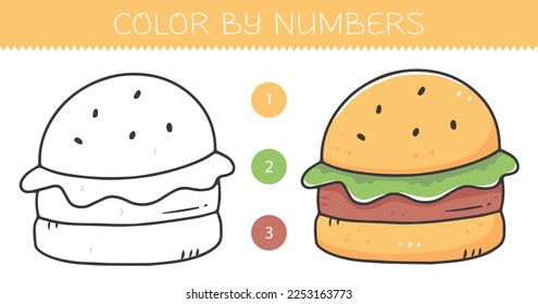 Color by numbers coloring book for kids with a burger. Coloring page with cute cartoon hamburger with an example for coloring. Monochrome and color versions. Vector illustration.
