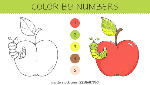 Color by numbers coloring book for kids with an apple and caterpillar. Coloring page with cute cartoon apple and worm with an example for coloring. Monochrome and color versions. Vector illustration.