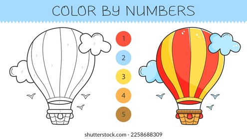 Color by numbers coloring book for kids with airship. Coloring page with cute cartoon airship with an example for coloring. Monochrome and color versions. Vector illustration.