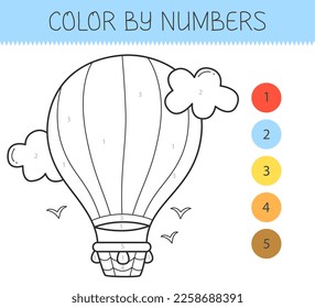 Color by numbers coloring book for kids with a airship. Coloring page with cute cartoon airship. Monochrome black and white. Vector illustration.