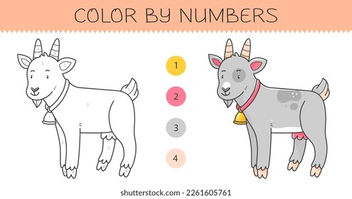 Color by numbers coloring book for kids with goat. Coloring page with cute cartoon goat with an example for coloring. Monochrome and color versions. Vector illustration.
