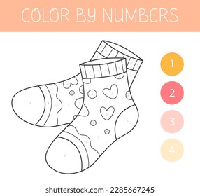 Color by numbers coloring book for kids with socks. Coloring page with cute cartoon socks. Monochrome black and white. Vector illustration.