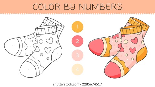 Color by numbers coloring book for kids with socks. Coloring page with cute cartoon socks with an example for coloring. Monochrome and color versions. Vector illustration.